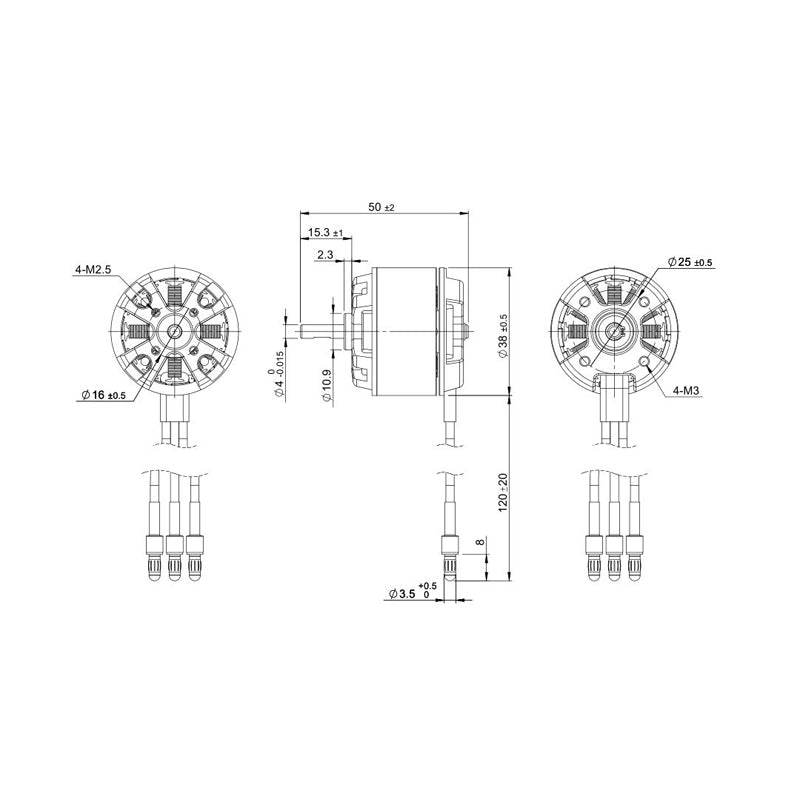 Detrum BM3715A-1050KV Brushless Motor Drawing